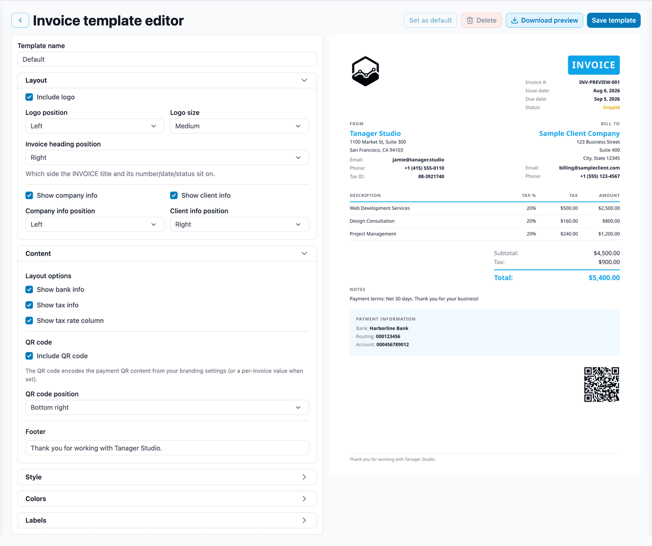 The invoice template editor