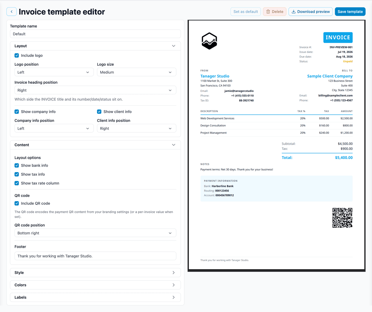 The invoice template editor