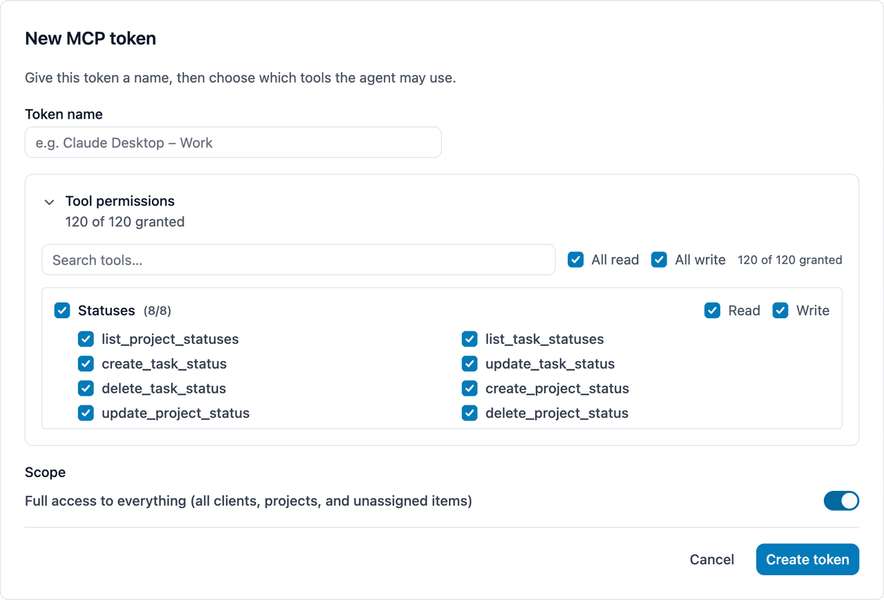 The MCP access screen, with token scopes and per-resource permissions