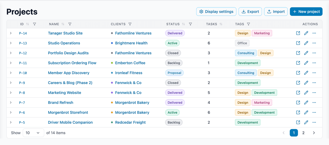 The project list, with each project's client, status, task count and tags