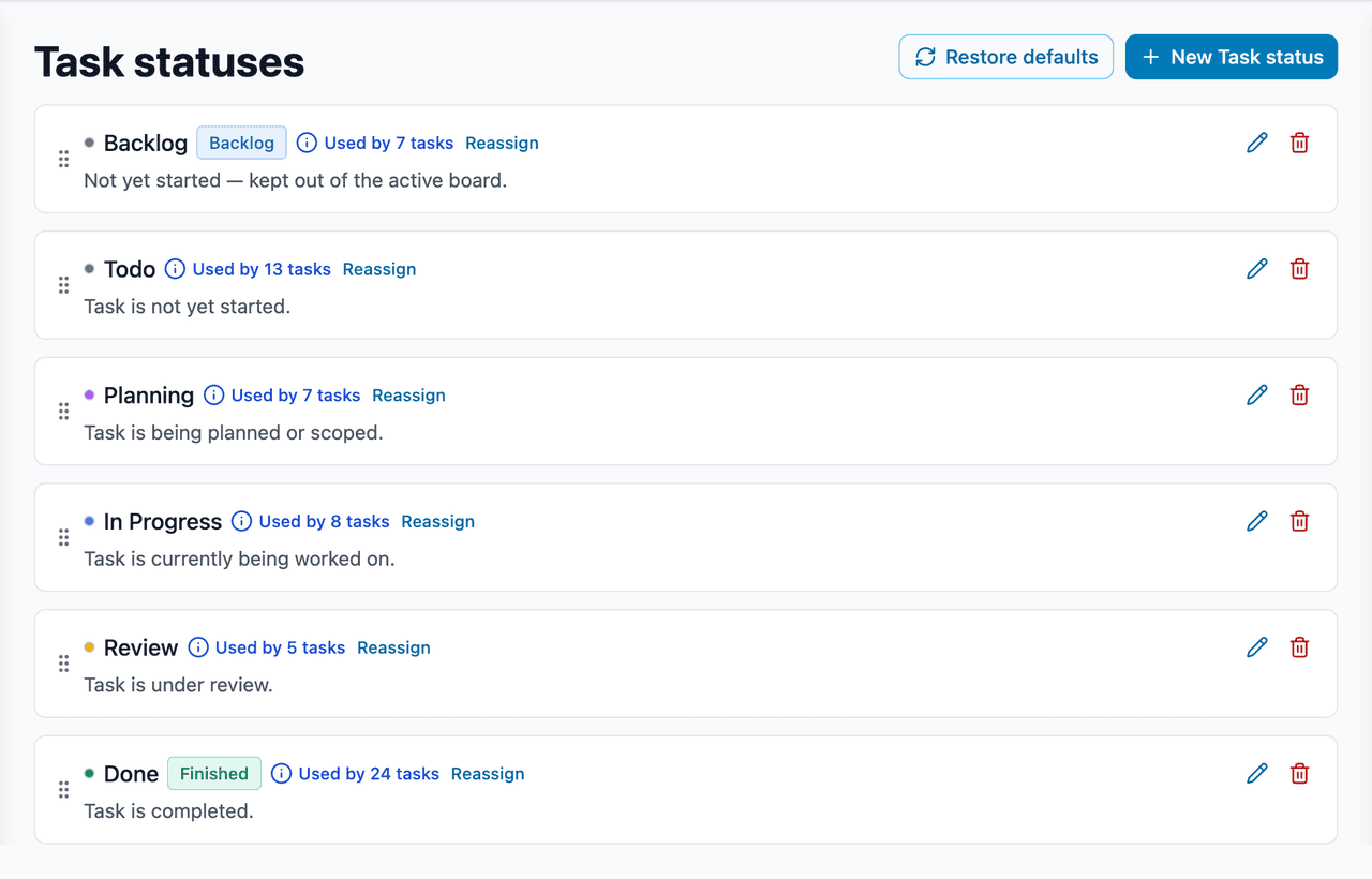 Configurable task statuses in settings