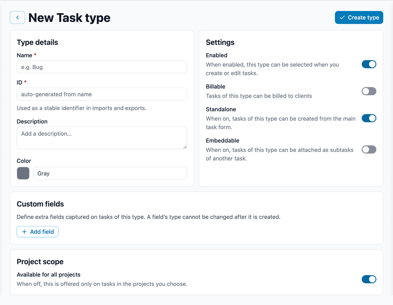 The task type form, defining behaviour flags and custom fields