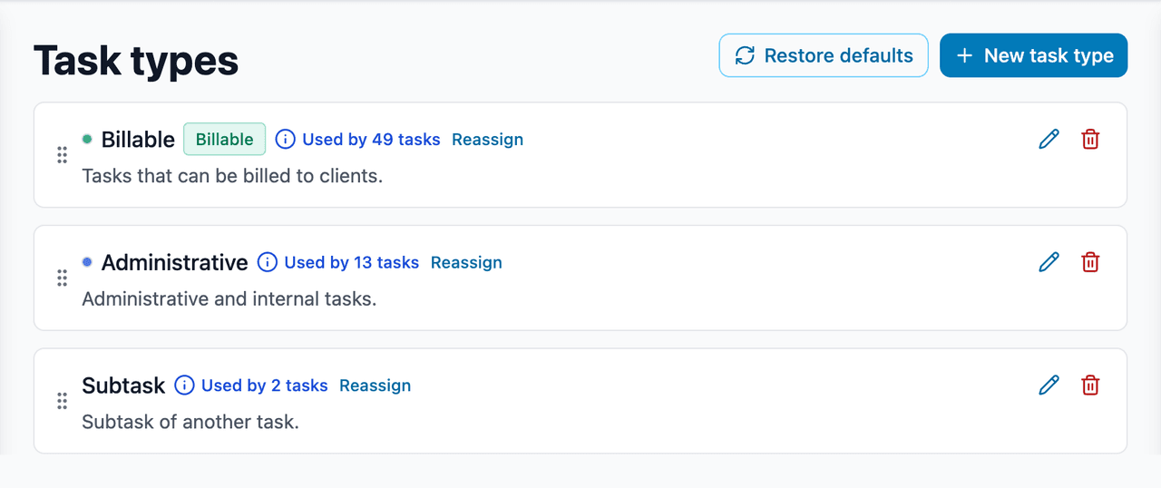 Configurable task types in settings
