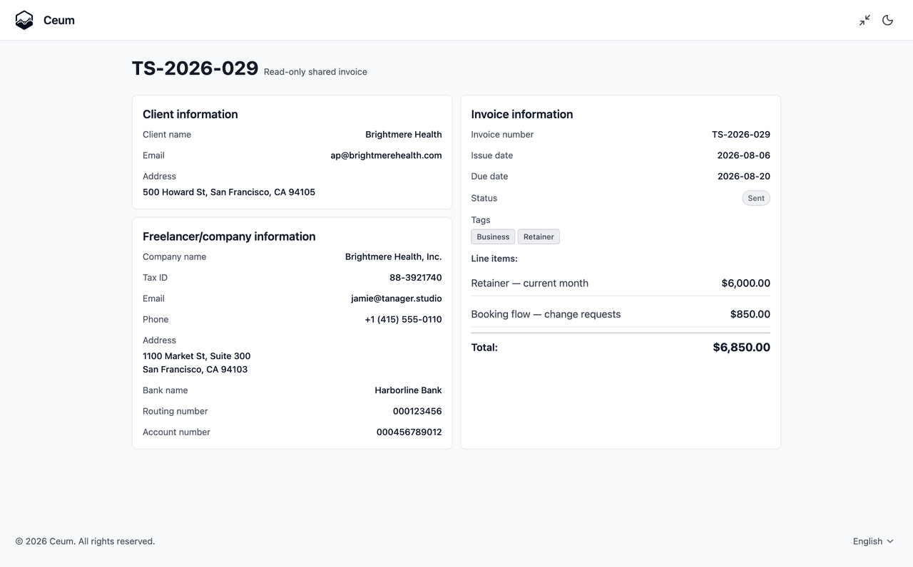 A client opening a shared invoice with no account — line items, totals and bank details, read only