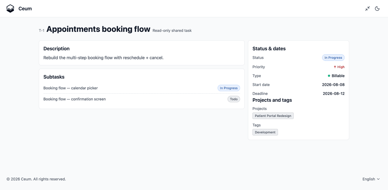 A shared task opened without an account, with its subtasks and dates